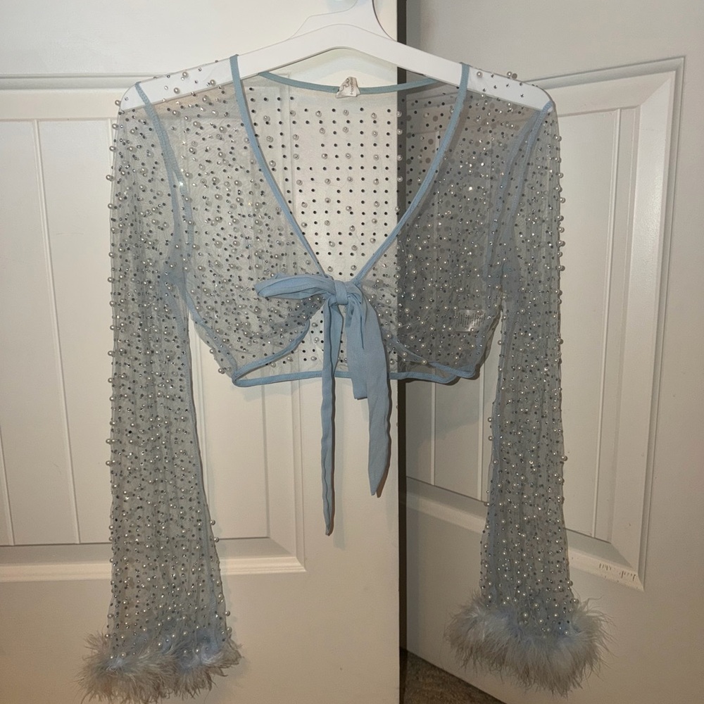 iHeartRaves Light Blue Sheer Rhinestone Tie-Front Crop Top